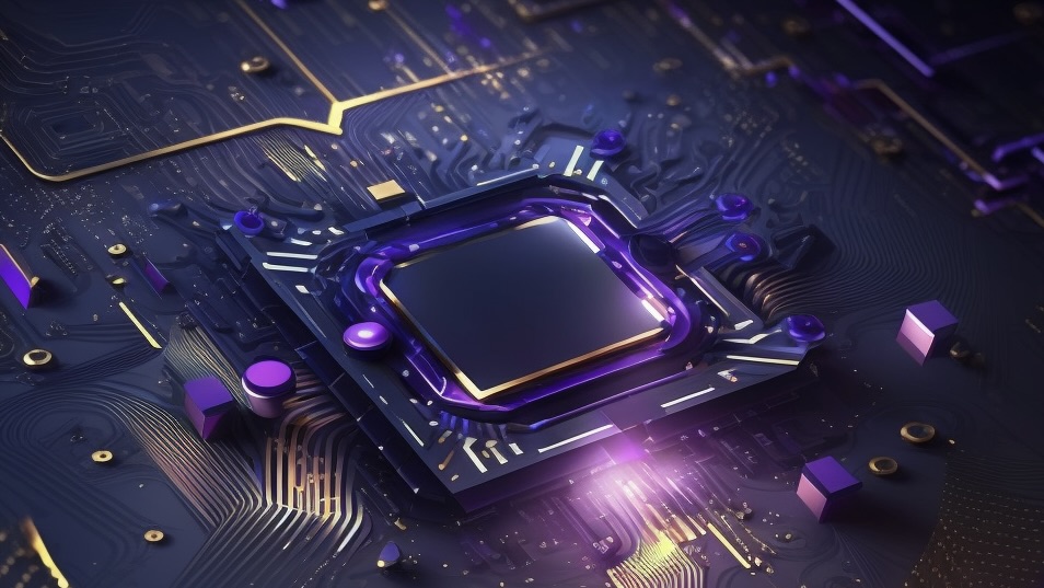 quantum computing chip representation with blue and purple colors